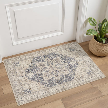 Tortania Area Rug 5x7 Living Room Rug Washable Soft Cream/Blue