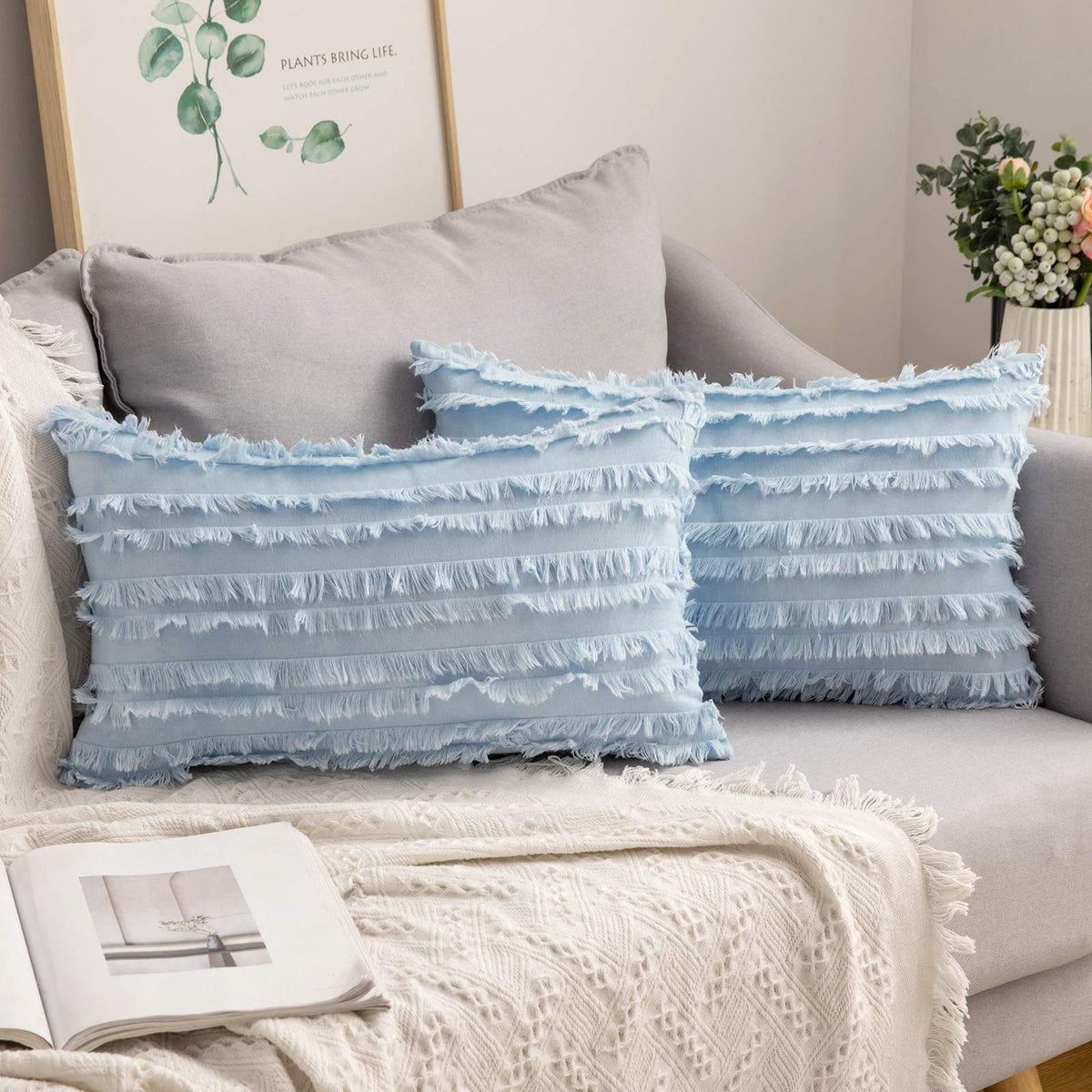 MIULEE Boho Linen Striped Throw Pillow Covers 16x16, Light Blue