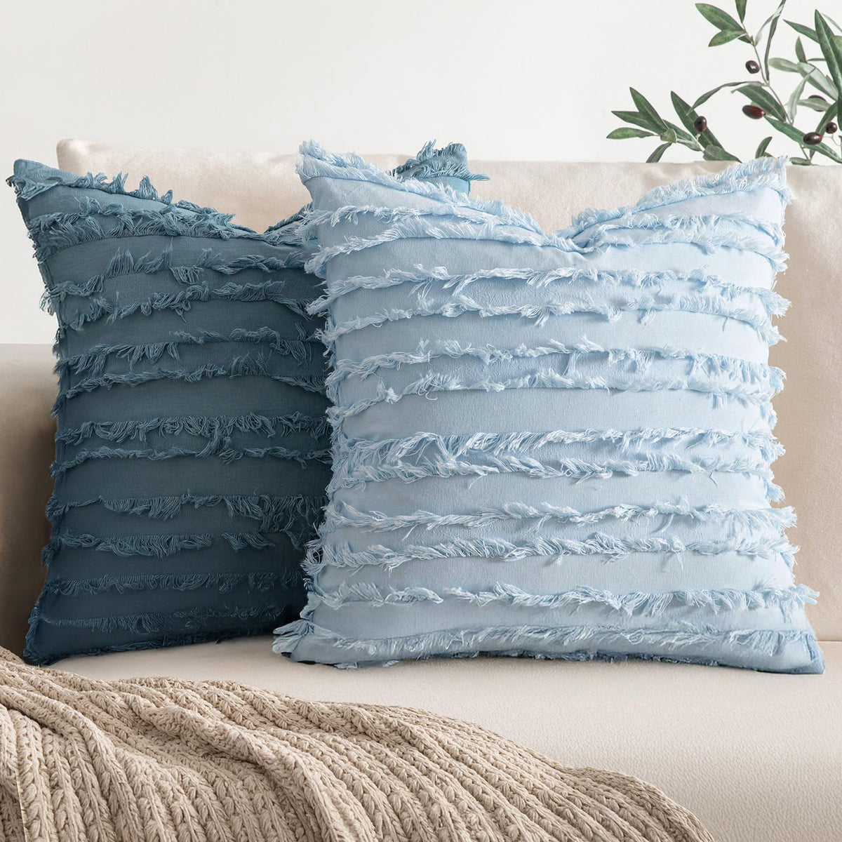 MIULEE Boho Linen Striped Throw Pillow Covers 16x16, Light Blue