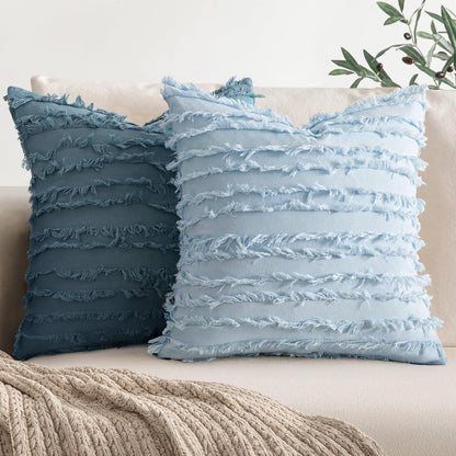 MIULEE Boho Linen Striped Throw Pillow Covers 16x16, Light Blue