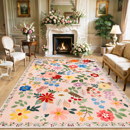PLHXFR Area Rug Living Room: 5x7 Floral Washable Boho Carpet Dark Green