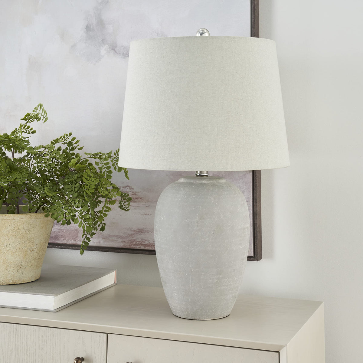 Nourison Home 23" Greyish Brown Earth Tone Rustic Farmhouse Ceramic Table Lamp for Bedroom, Living Room, Dining, Office, with Beige Linen Shade