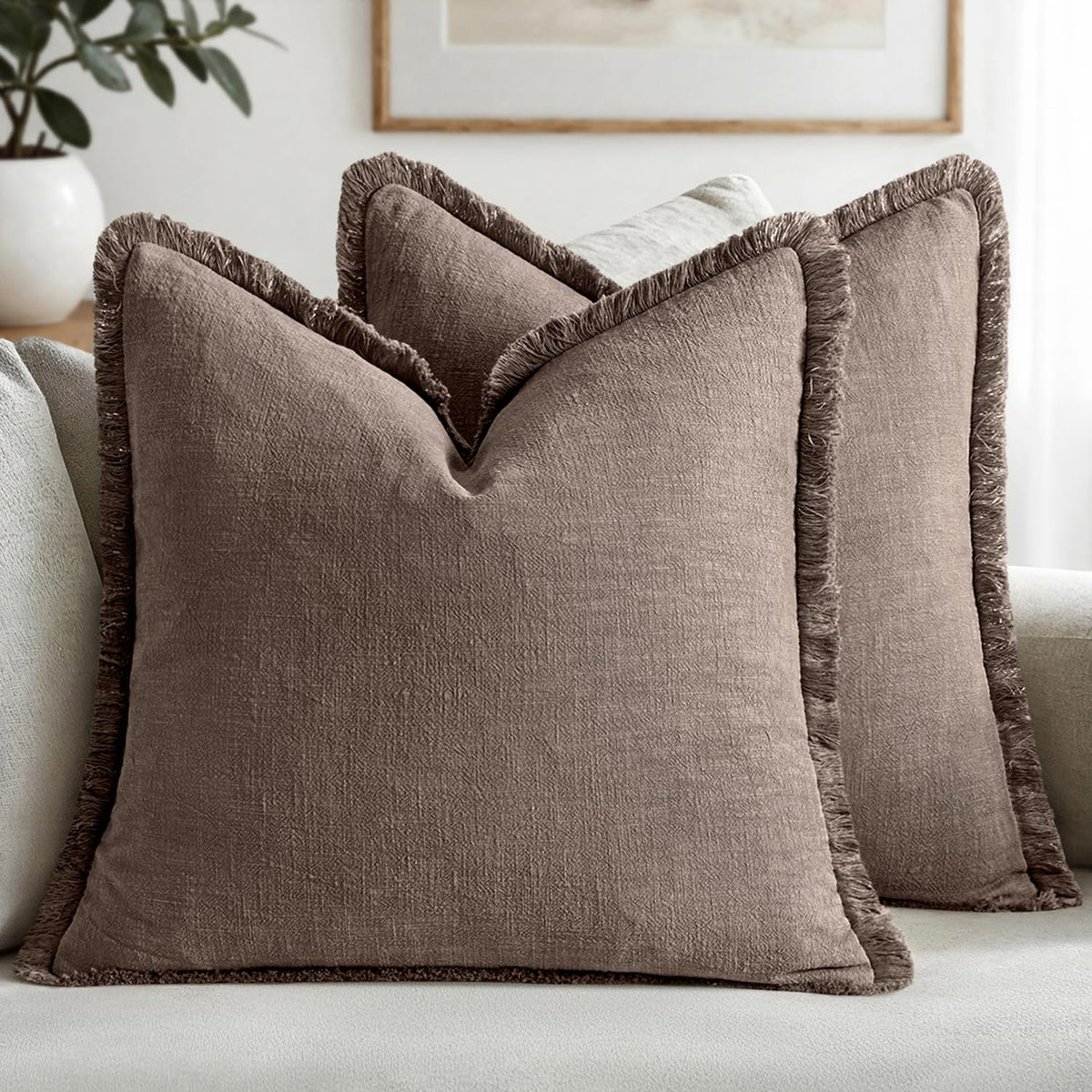 MIULEE Linen Fringe Decorative Throw Pillow Covers Natural Beige 20x20