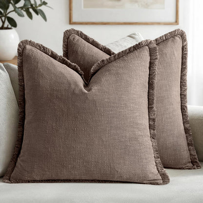 MIULEE Linen Fringe Decorative Throw Pillow Covers Natural Beige 20x20