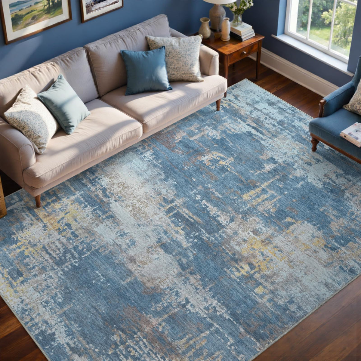 6x9 Ft Abstract Washable Area Rugs for Living Room Blue
