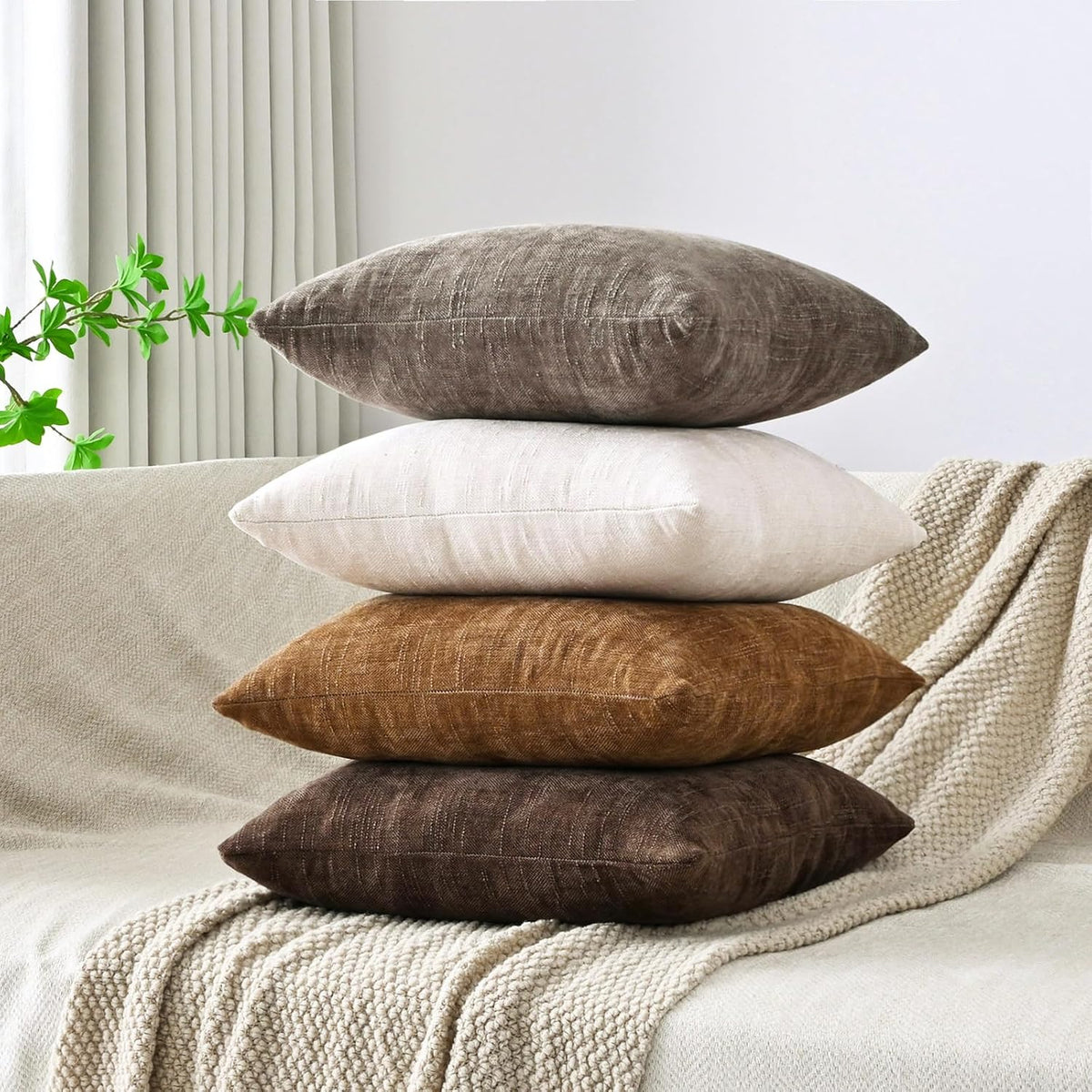 Set of 4 Soft Textured Throw Pillow Covers 18x18 Inch Cozy Decorative Farmhouse Cushion Cover Square Accent Pillow Cases for Bed Couch Sofa Living Room, Beige Taupe Brown