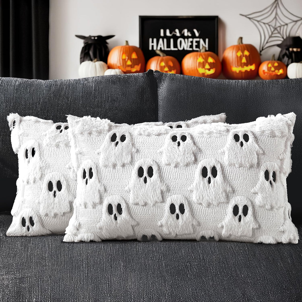 MIULEE White Halloween Pillow Covers Cute Ghost Decor Set of 2 18x18