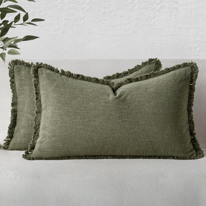 MIULEE Linen Fringe Decorative Throw Pillow Covers Natural Beige 20x20