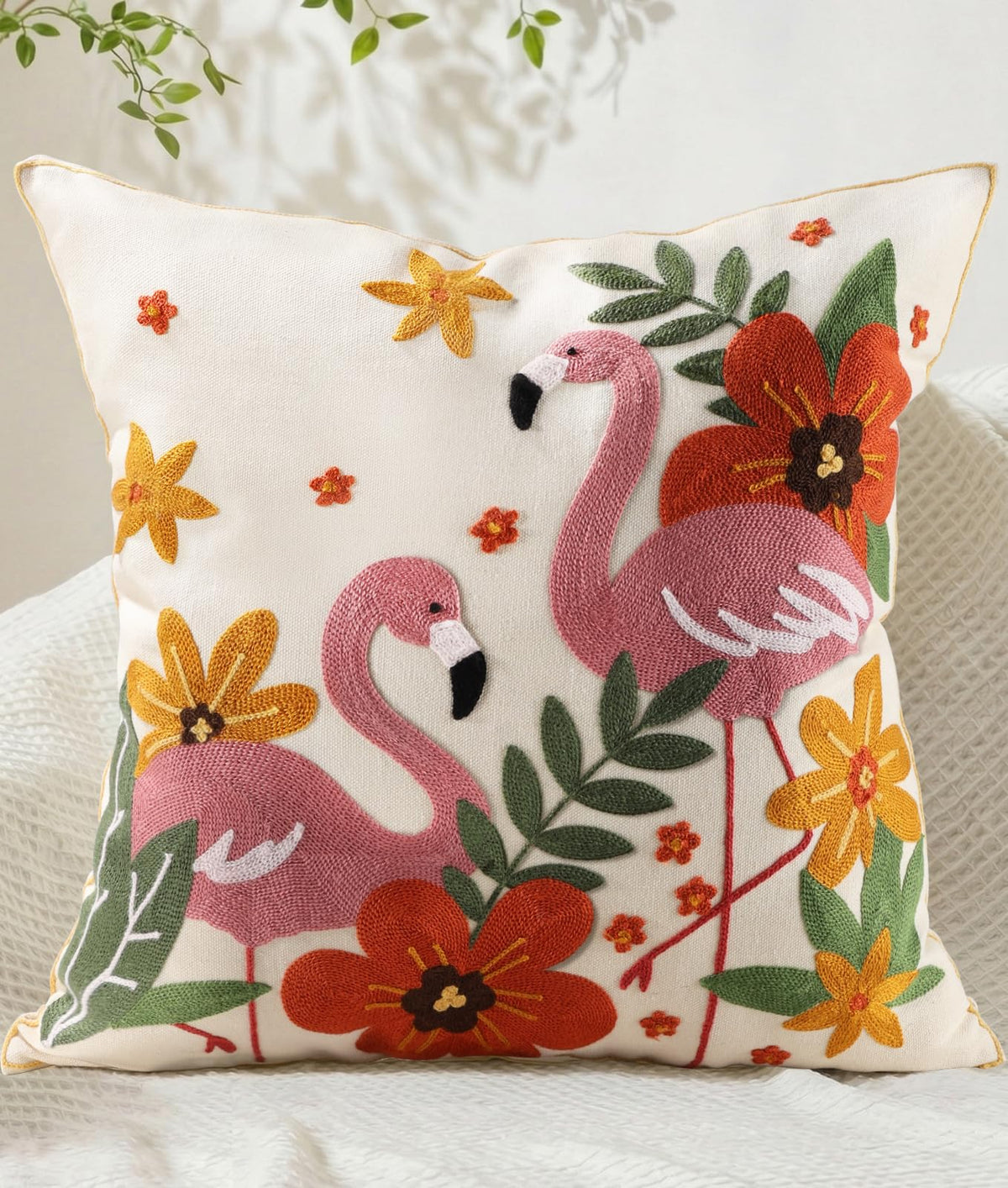 Animal Embroidered Throw Pillow Cover 18x18 Inch, Floral Birds