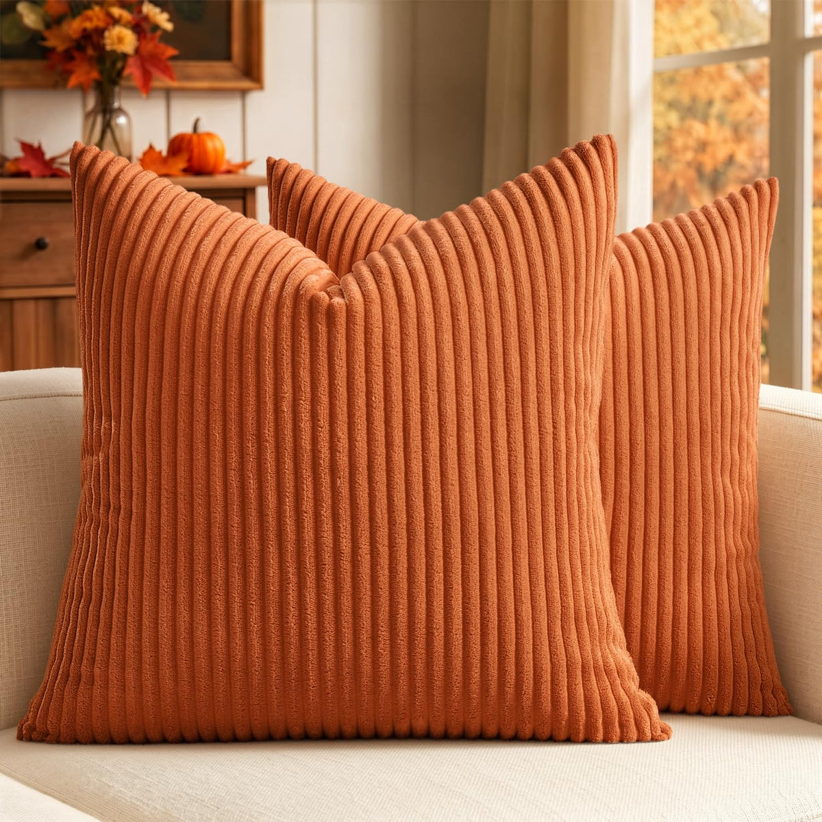 MIULEE Fall Decorative Corduroy Throw Pillow Covers Set of 2 18x18 Orange