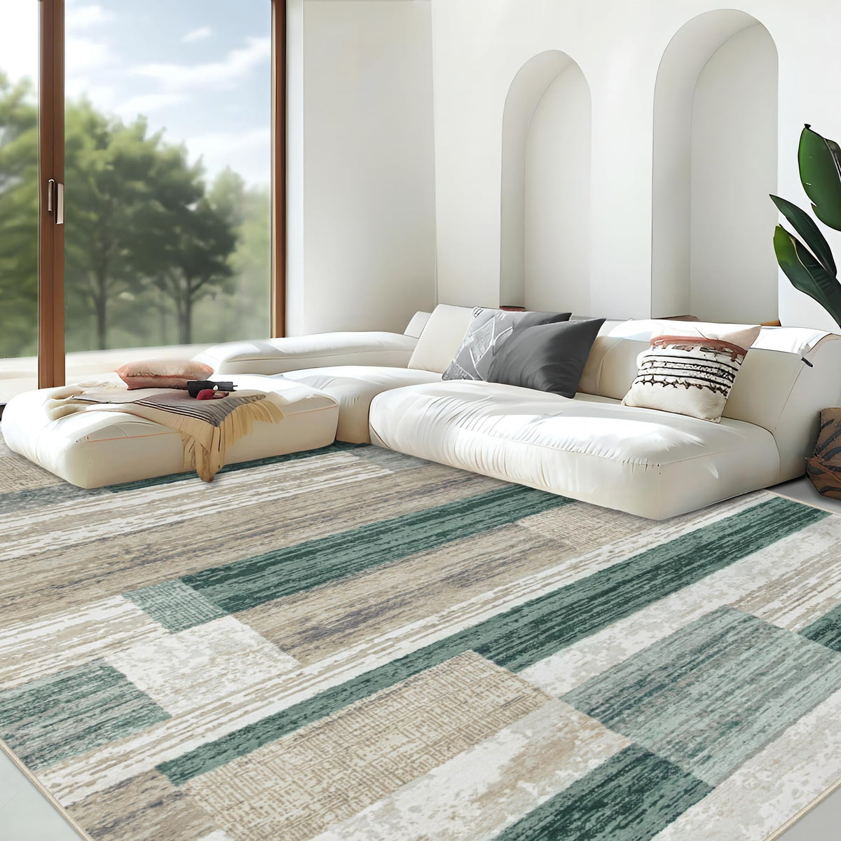 Area Rug for Living Room 6x9: Large Washable Boho Moroccan Rugs Geometric Neutral Rug, Non-Slip Foldable Morden Farmhouse Indoor Floor Carpet for Bedroom Dining Table Home(Brown Green,6'x9')