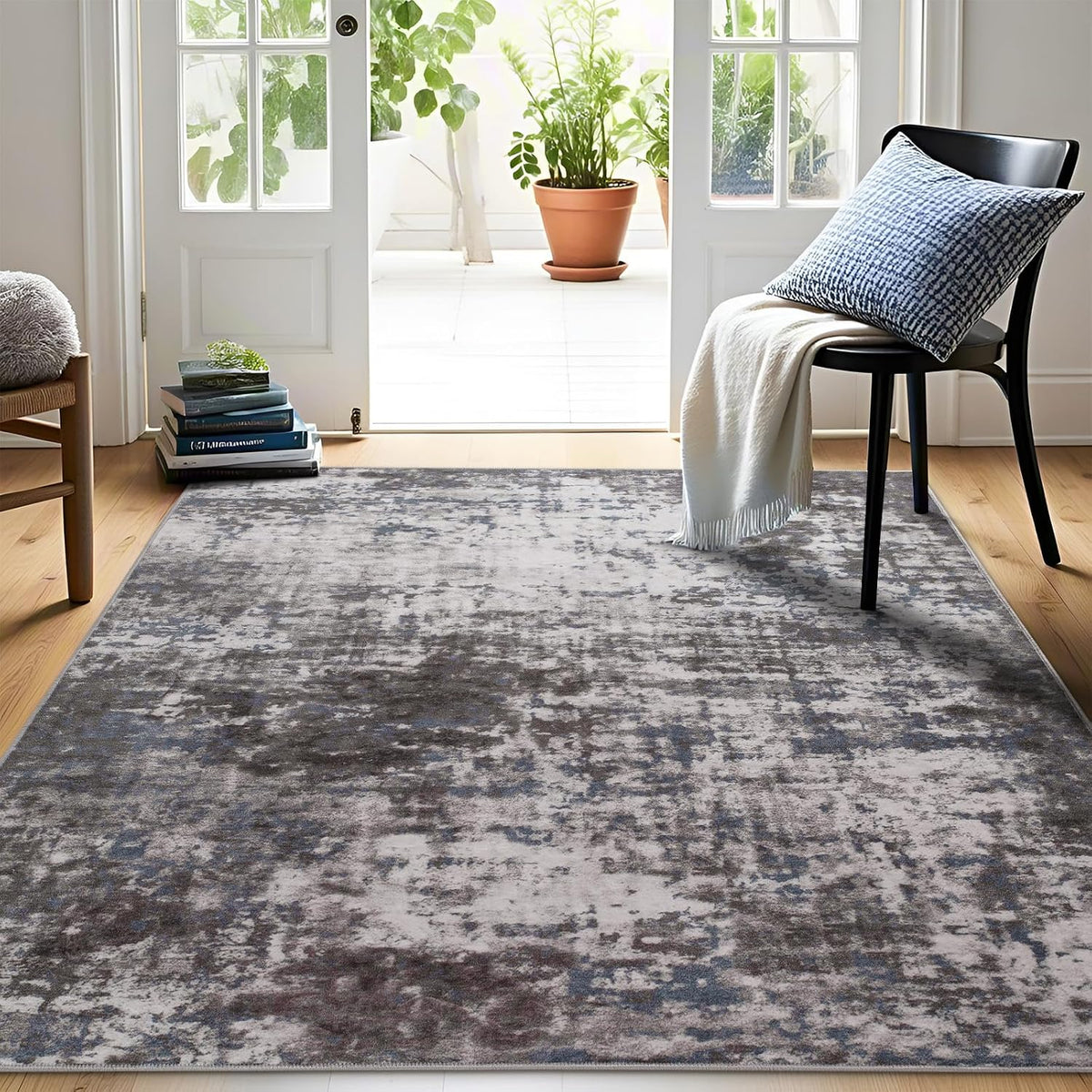 Modern Abstract 3x5 Rug, Non Slip Entryway Rug, Soft Machine Washable Rugs for Indoor Entry, Low Pile Stain Resistant Distressed Rug for Living Room, Bedroom, Dark Grey Blue