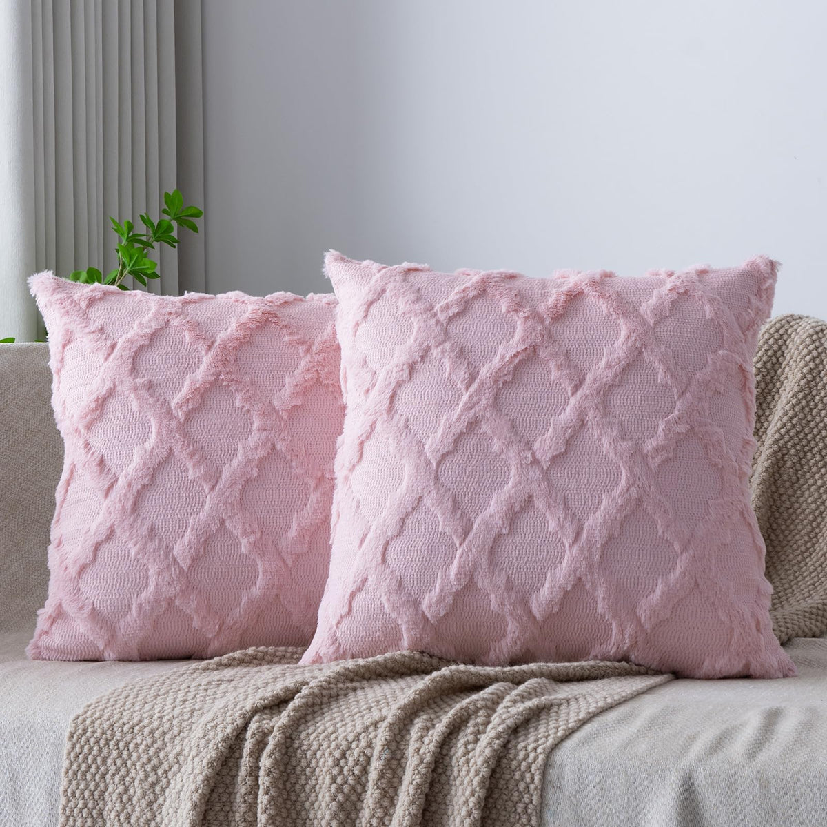 Set of 2 Soft Moroccan Throw Pillow Covers 18x18 Inch Plush Boho Decorative Pillow Cover Accent Cushion Case for Couch Sofa Bed, Beige