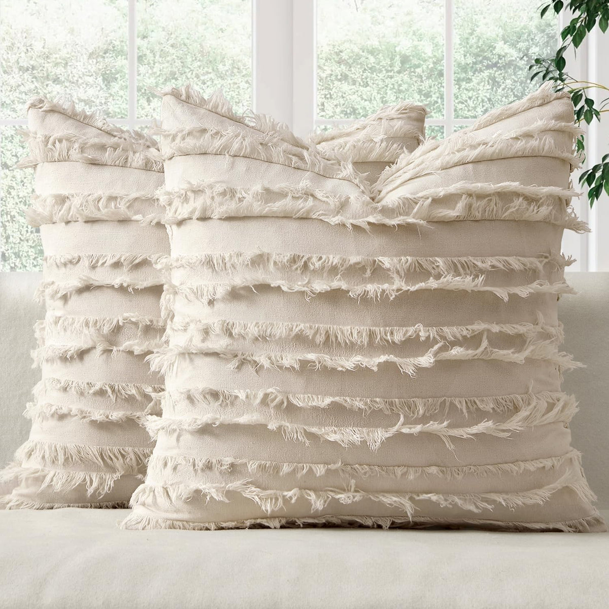 MIULEE Boho Linen Striped Throw Pillow Covers 16x16, Light Blue