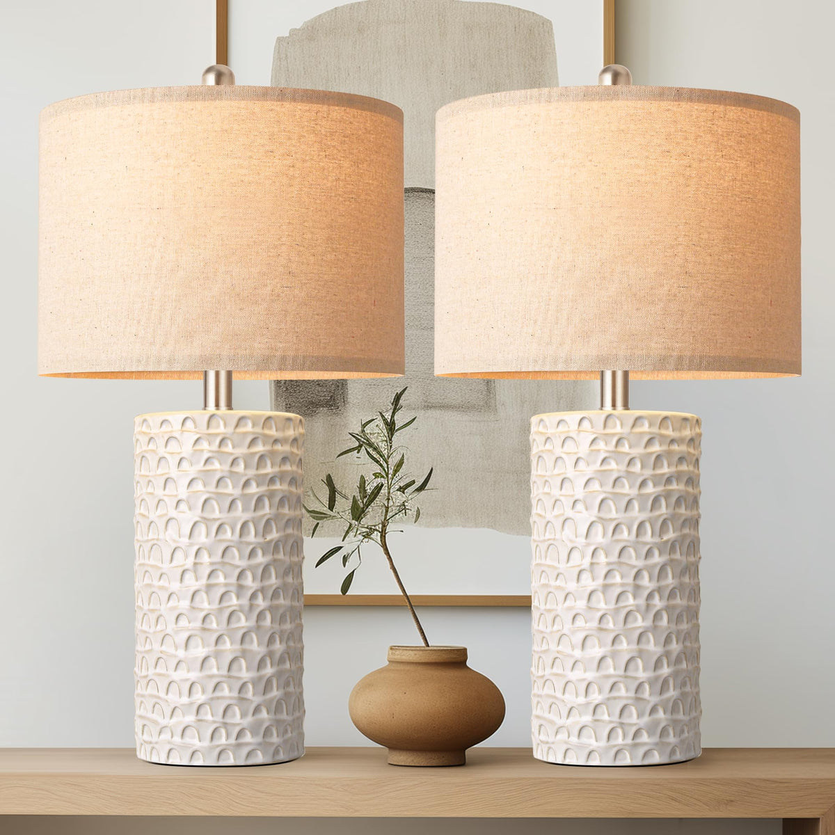PARTPHONER 23" Modern Ceramic Table Lamp Set of 2, Table Lamps for Living Room, Rustic Farmhouse Bedside Lamps Nightstand lamp for Bedroom, White Desk Lamp for End Table Home Decor Beige