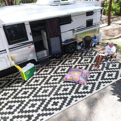 SAND MINE Waterproof Outdoor Rug 5x8 ft, Plastic Reversible Rug, Modern Area Rug, Large Floor Mat for Outdoors, RV, Patio, Backyard, Deck, Picnic, Beach, Camping, Black & Beige