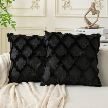 Set of 2 Soft Moroccan Throw Pillow Covers 18x18 Inch Plush Boho Decorative Pillow Cover Accent Cushion Case for Couch Sofa Bed, Beige