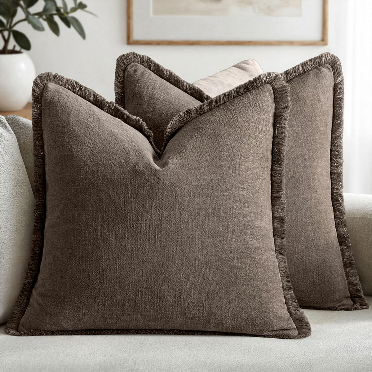 MIULEE Linen Fringe Decorative Throw Pillow Covers Natural Beige 20x20