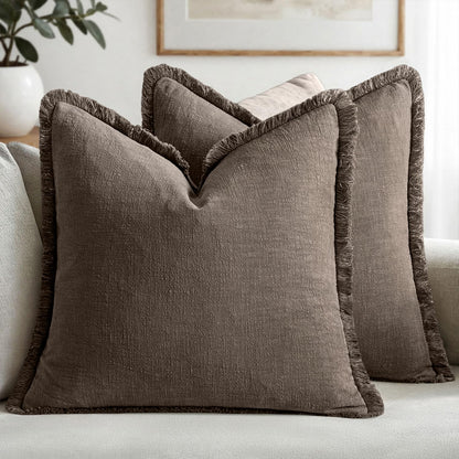 MIULEE Linen Fringe Decorative Throw Pillow Covers Natural Beige 20x20
