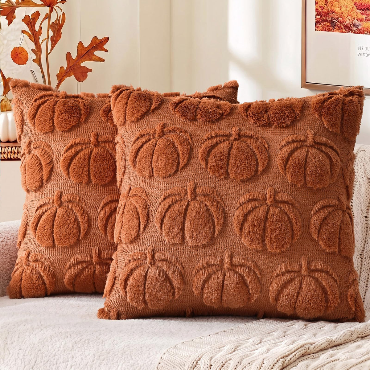 decorUhome Light Rust Pumpkin Faux Fur Throw Pillow Covers 18x18 Set of 2