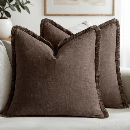MIULEE Linen Fringe Decorative Throw Pillow Covers Natural Beige 20x20