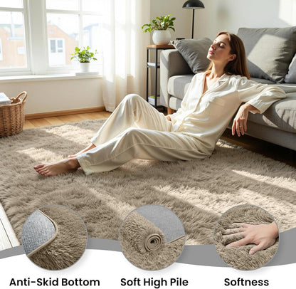 8x10 Fluffy Area Rug for Living Room: Non-Slip Grey Camel Bedroom Carpet