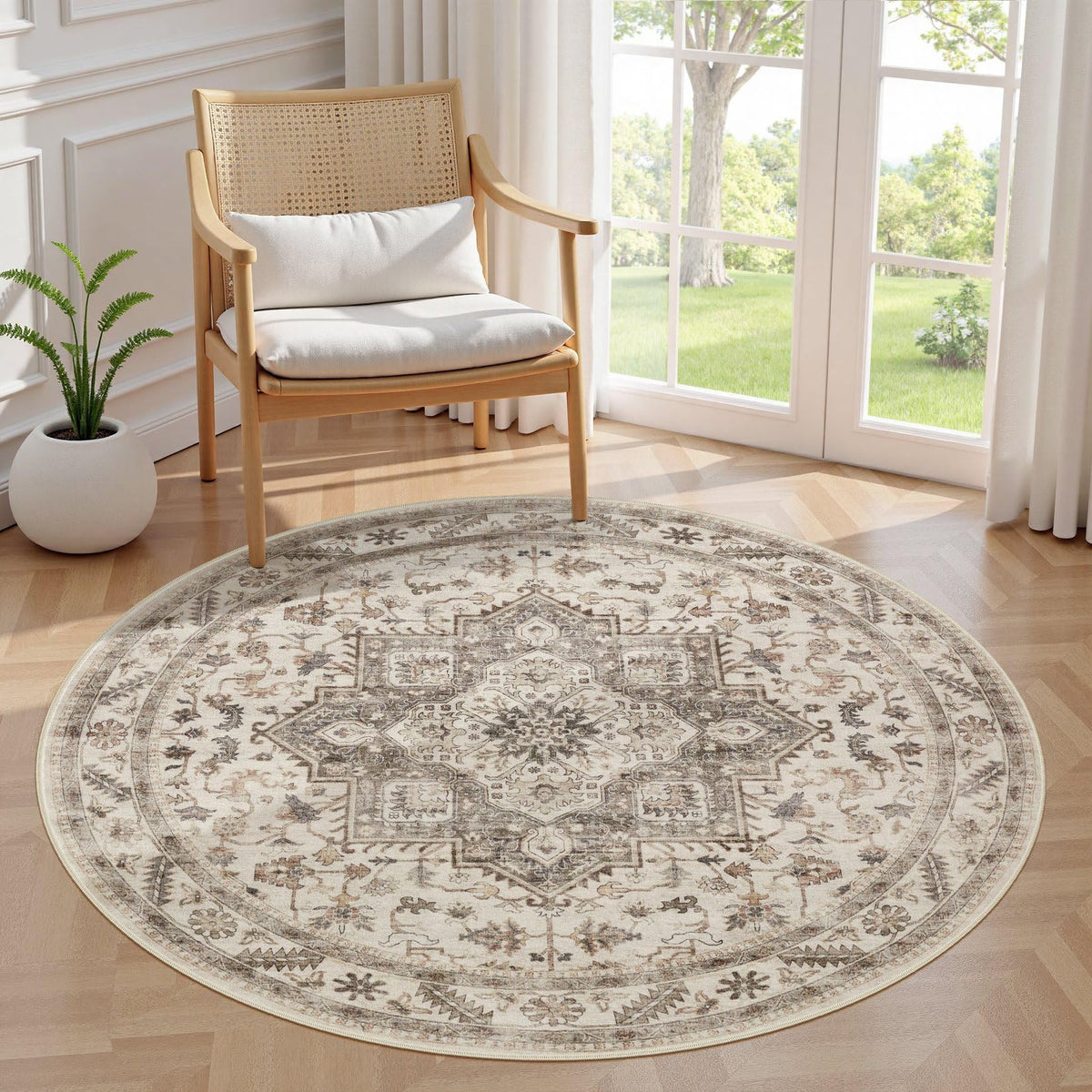 cotiled 5x7 Area Rug for Living Room, Washable, Traditional, Beige