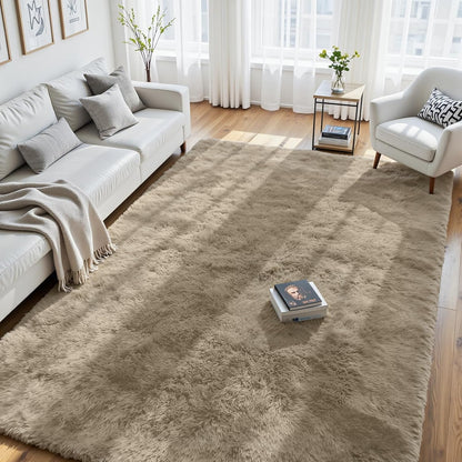 8x10 Fluffy Area Rug for Living Room: Non-Slip Grey Camel Bedroom Carpet