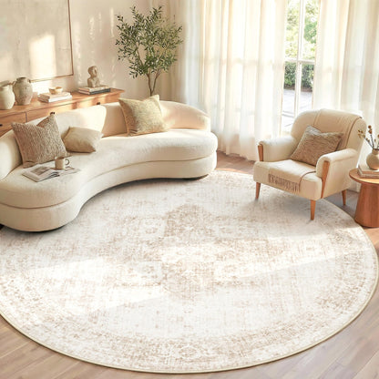 Area Rug 8x10 Washable Rug, Vintage Boho Medallion Rugs Non-Slip Soft Low Pile Large Distressed Rug Indoor Retro Carpet for Living Room Bedroom Dining Room Office Children's Room(Beige, 8'x10')