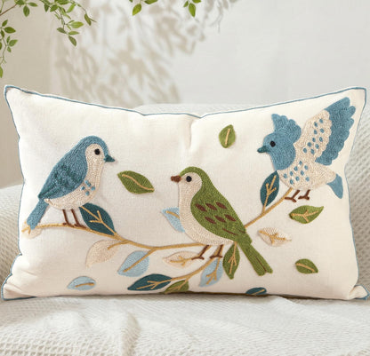 Animal Embroidered Throw Pillow Cover 18x18 Inch, Floral Birds