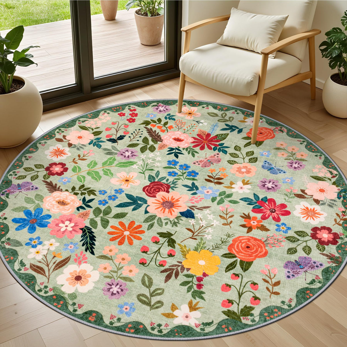 PLHXFR Area Rug Living Room: 5x7 Floral Washable Boho Carpet Dark Green