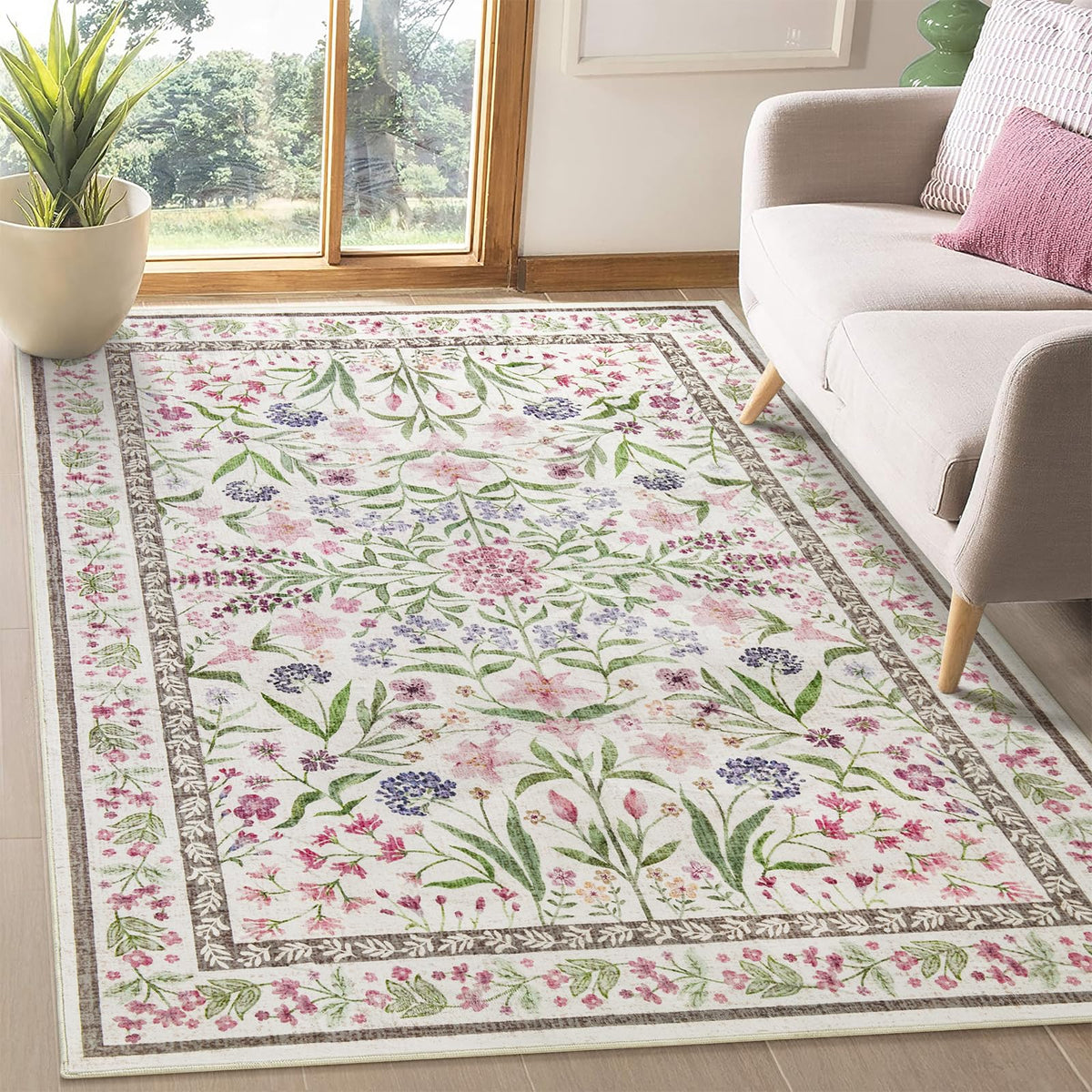 Amearea 6x9 Pink Rugs for Bedroom Girls, Floral Area Rugs for Living Room