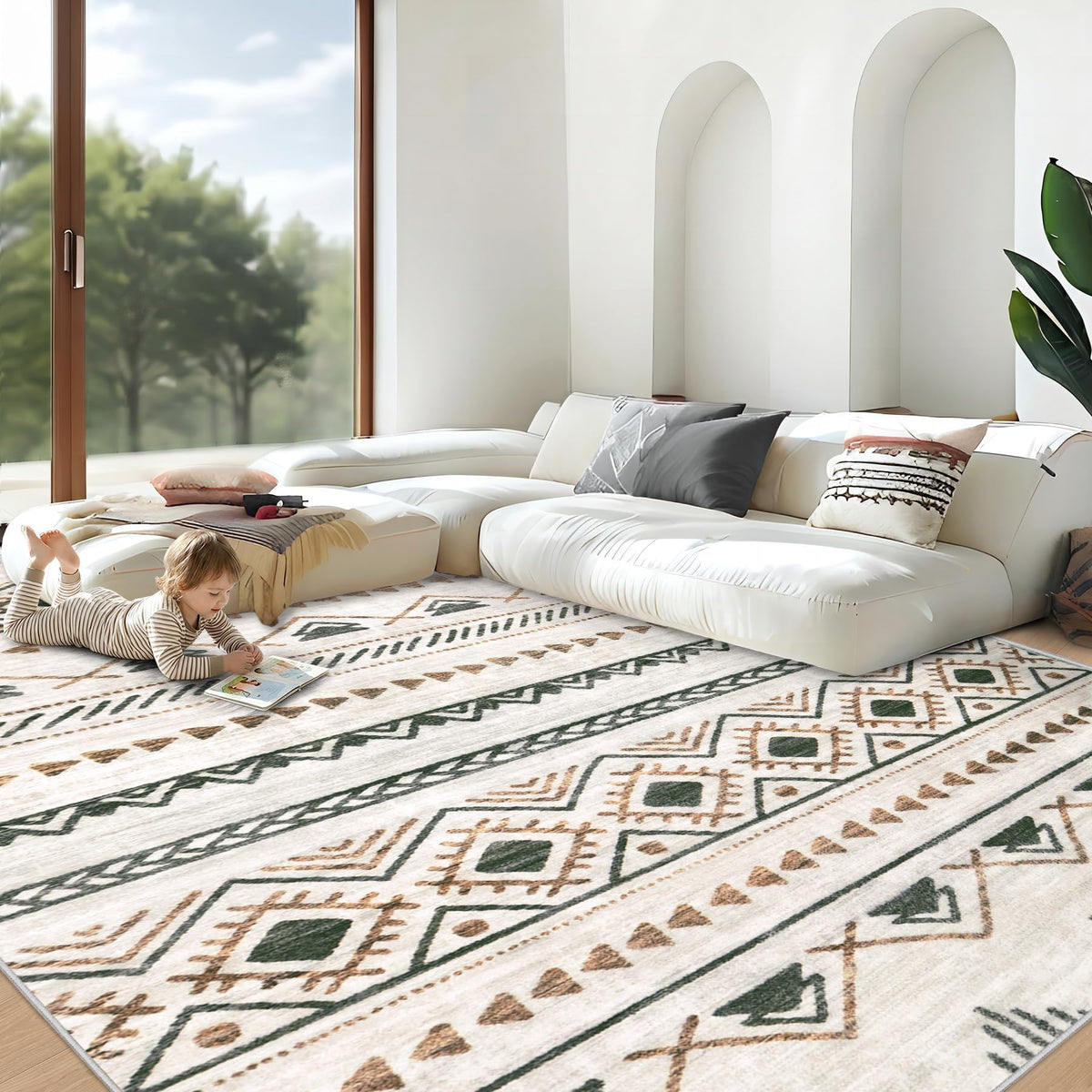 Area Rug for Living Room 6x9: Large Washable Boho Moroccan Rugs Geometric Neutral Rug, Non-Slip Foldable Morden Farmhouse Indoor Floor Carpet for Bedroom Dining Table Home(Brown Green,6'x9')
