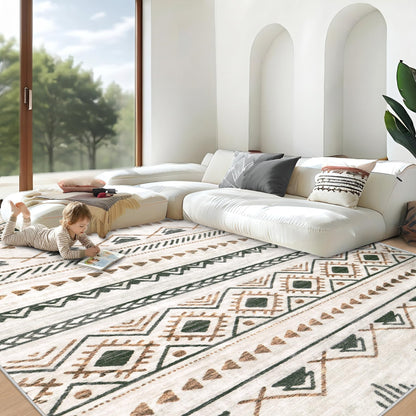 Area Rug for Living Room 6x9: Large Washable Boho Moroccan Rugs Geometric Neutral Rug, Non-Slip Foldable Morden Farmhouse Indoor Floor Carpet for Bedroom Dining Table Home(Brown Green,6'x9')