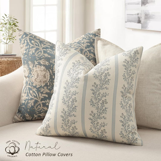 Vintage Throw Pillow Covers 18x18 Set of 2, Striped Floral Pillow Cover Botanical Patterned Decorative Cushion Covers Modern Farmhouse Home Decor for Sofa Couch Bed Living Room, Light Blue