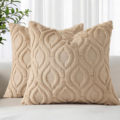 decorUhome Faux Fur Plush Soft Beige Throw Pillow Covers 18x18 Set of 2