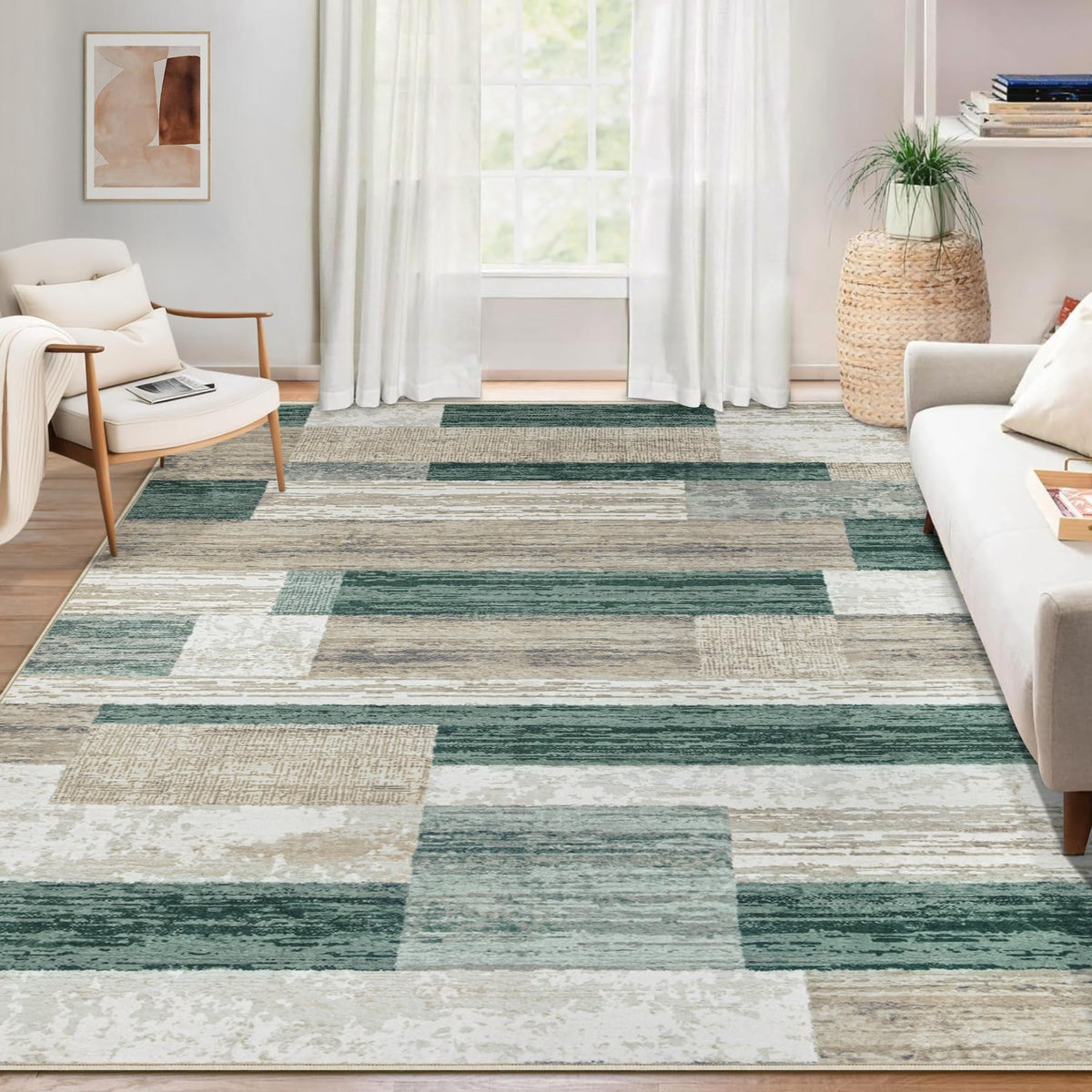 Area Rug for Living Room 6x9: Large Washable Boho Moroccan Rugs Geometric Neutral Rug, Non-Slip Foldable Morden Farmhouse Indoor Floor Carpet for Bedroom Dining Table Home(Brown Green,6'x9')