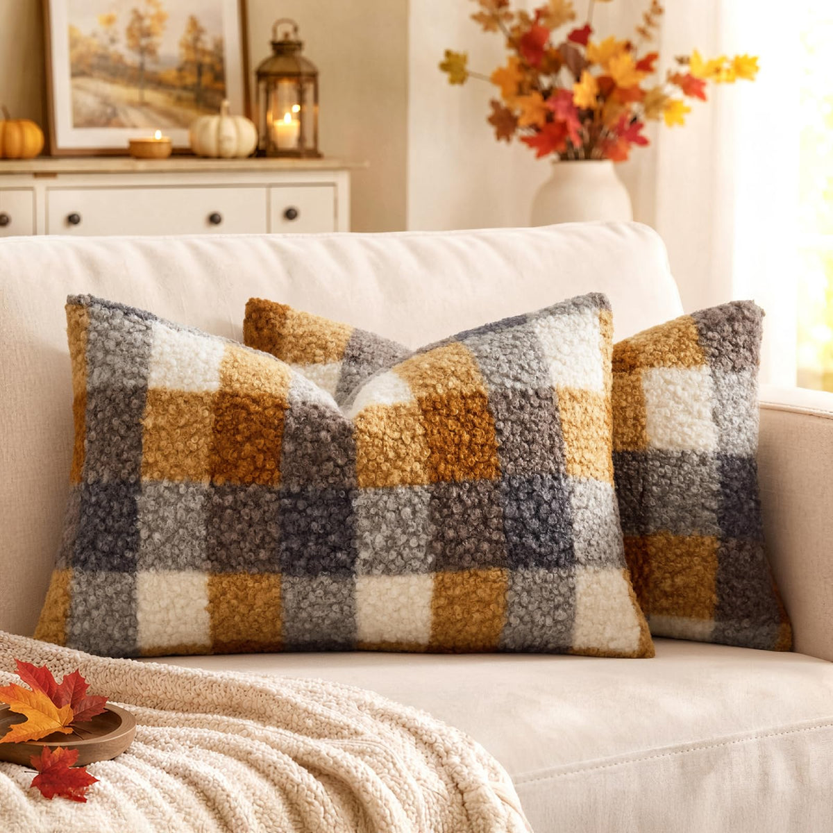 MIULEE Fall Plaid Pillow Covers Boucle Orange 18x18 Set of 2