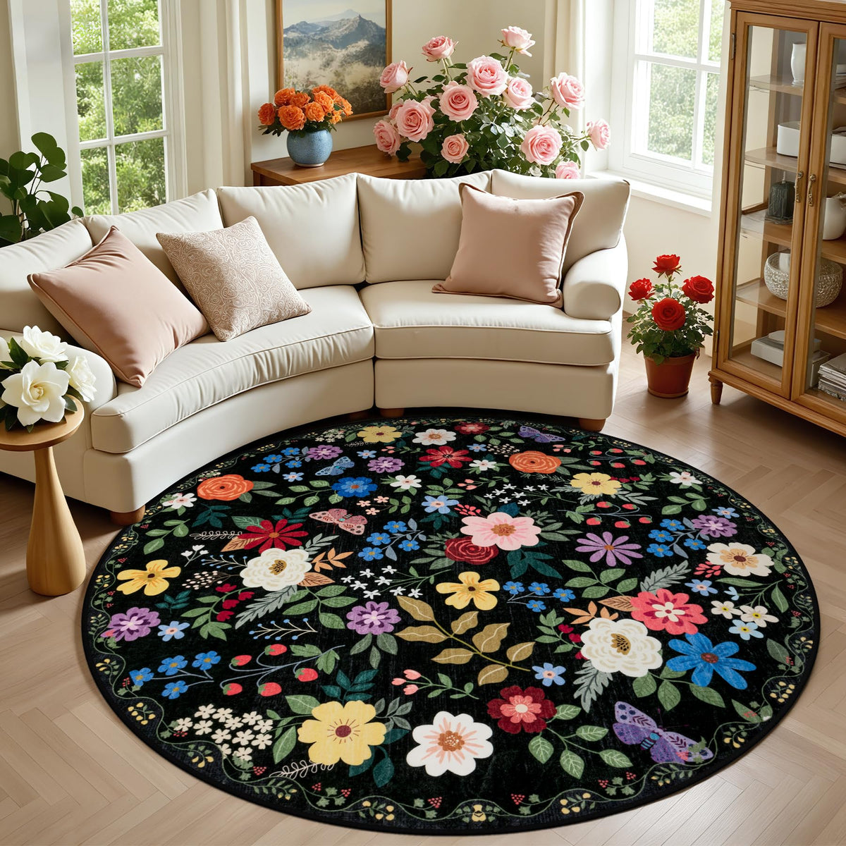 PLHXFR Area Rug Living Room: 5x7 Floral Washable Boho Carpet Dark Green