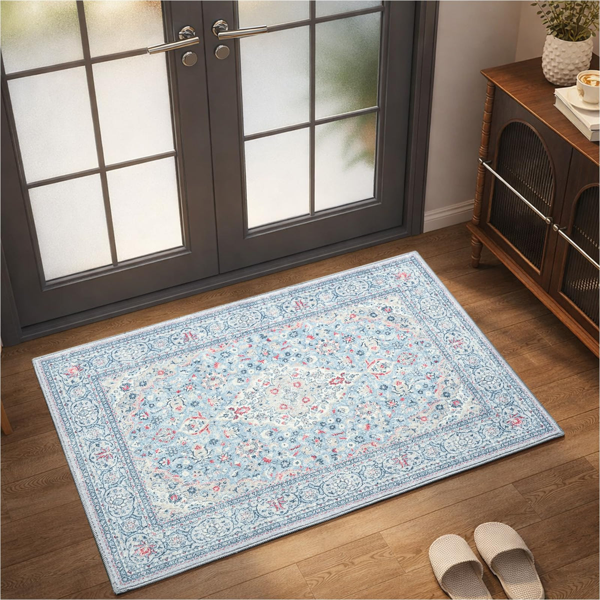 Goideal Washable Rug 4x6, Beige Area Rugs Non Slip, Indoor Low Pile Carpet with Rubber Backing for Living Room Kitchen Bathroom Entryway Office Bedroom