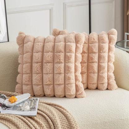 Neelvin Pink Faux Fur Cozy Soft Striped Decorative Throw Pillow Covers 18x18 inch Set of 2,Velvet Pillowcase Cushion Case for Sofa Couch