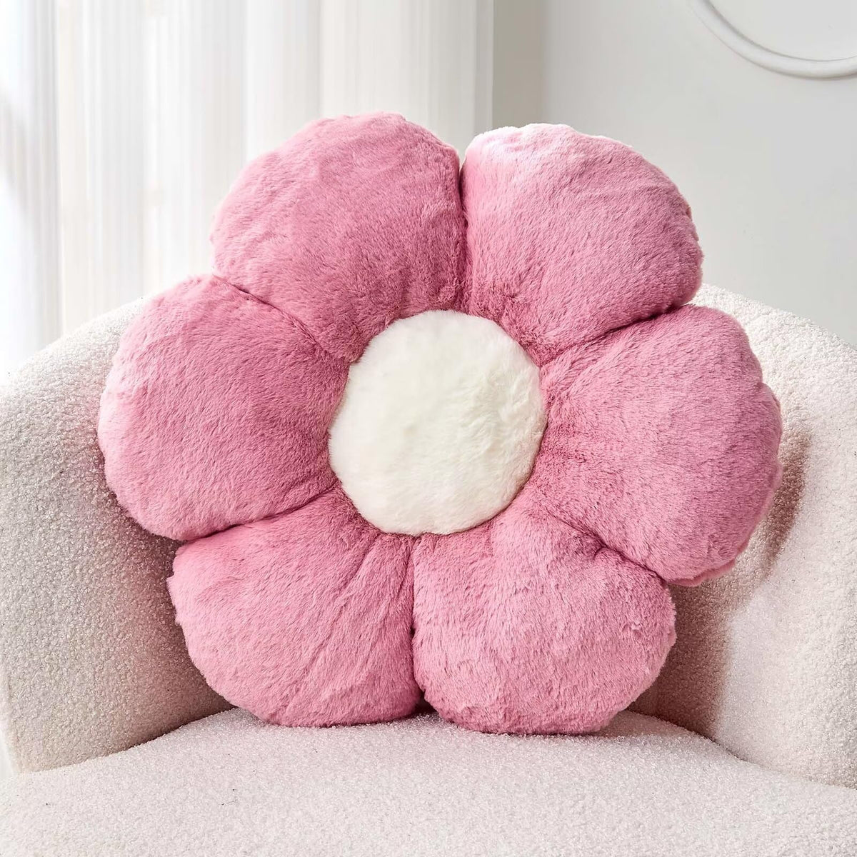 Kcvvcr Pink Flower Pillow, Cute Decorative Flower Shaped Throw Pillow with Faux Rabbit Fur, 14.9" Soft Flower Plush Throw Pillow Floor Pillows Room Décor for Bedroom Living Room