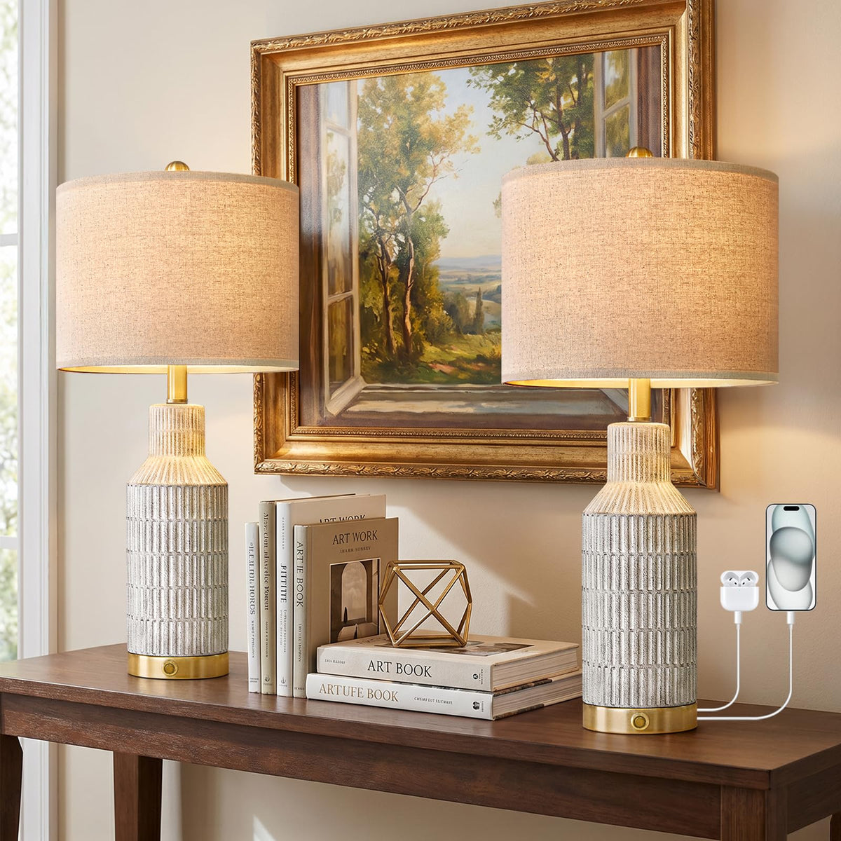 USumkky 25" Modern Ceramic Lamps Single Table Lamp for Living Room Bedroom Farmhouse Nightstand Bedside Lamps