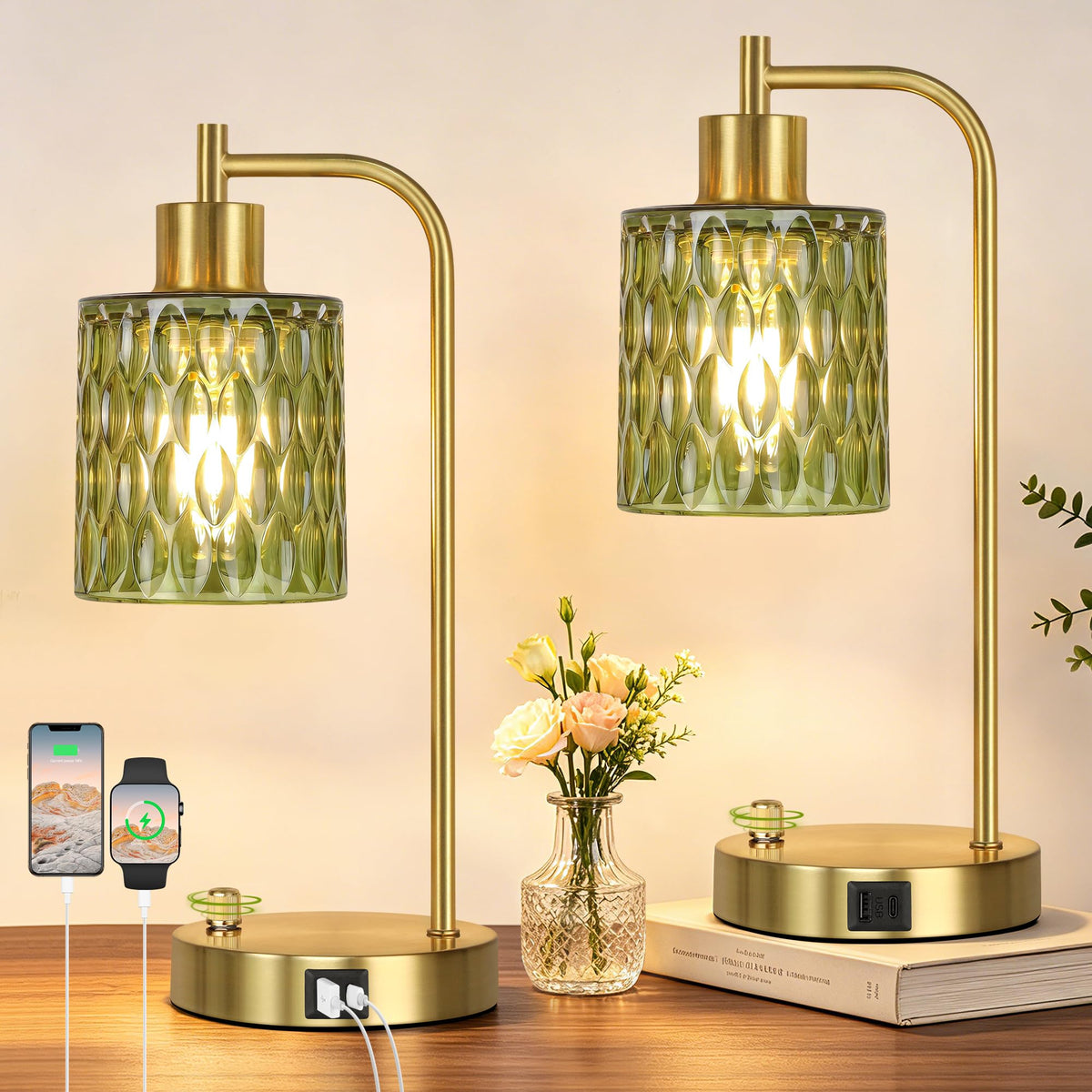 Green Glass Table Lamps Set of 2, Dimmable Bedside Lamps for Living Room