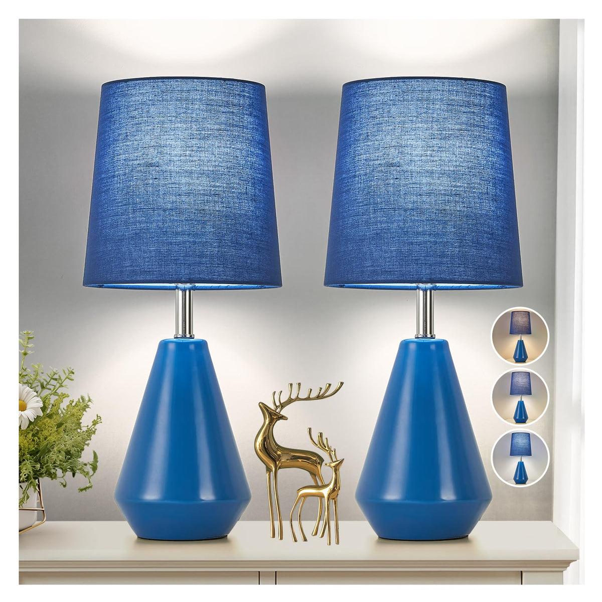 Small Bedside Table Lamp for Bedroom - Reading Desk Lamp with 3 Color Temperatures，15.5" Nightstand Ceramic Lamp with Fabric Shade for Kids Room,Living Room,Dorm,Home Office (White)