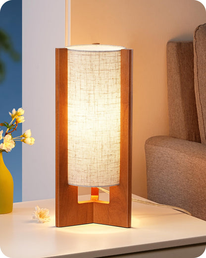 EDISHINE 13.5" Small Table Lamp, Walnut Wood Cylinder Nightstand Lamp, E26