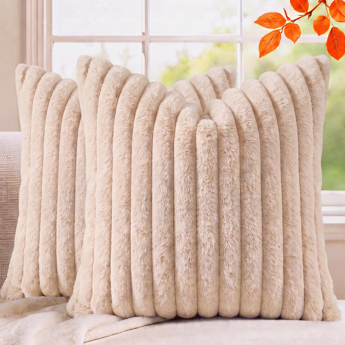 Set of 2 Decorative Throw Pillow Covers 18x18, Faux Fur Cream White