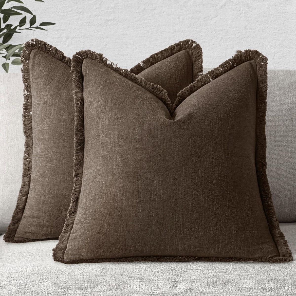 MIULEE Linen Fringe Decorative Throw Pillow Covers Natural Beige 20x20