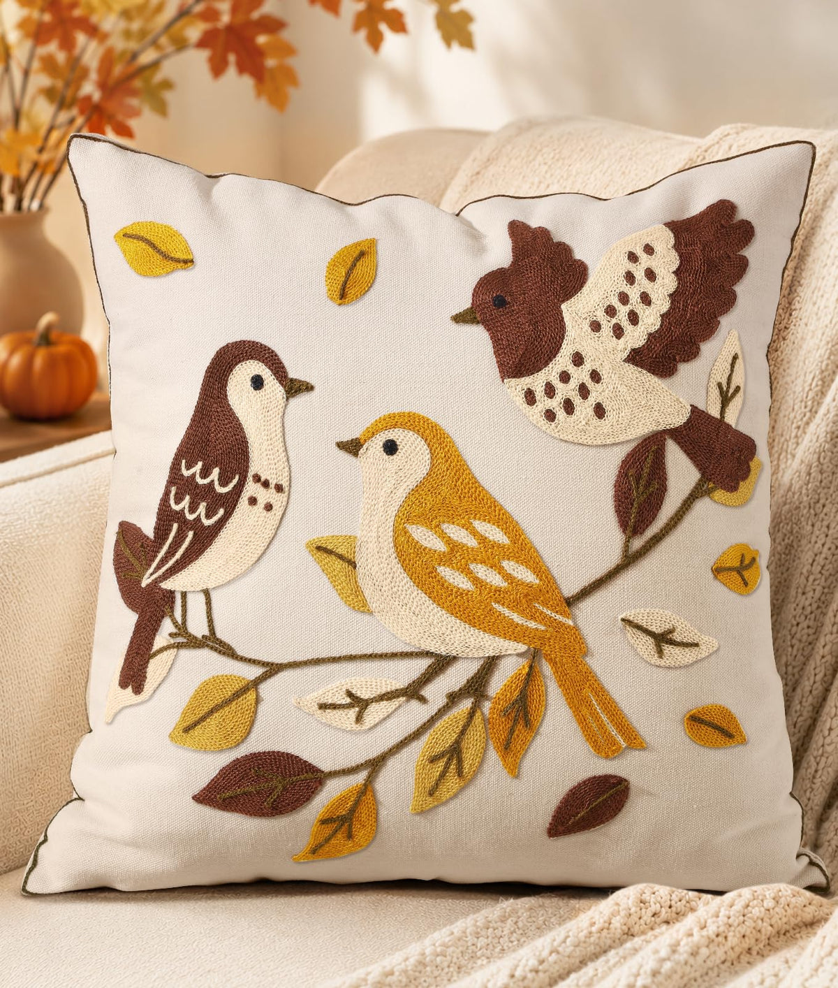 Animal Embroidered Throw Pillow Cover 18x18 Inch, Floral Birds