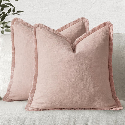 MIULEE Linen Fringe Decorative Throw Pillow Covers Natural Beige 20x20